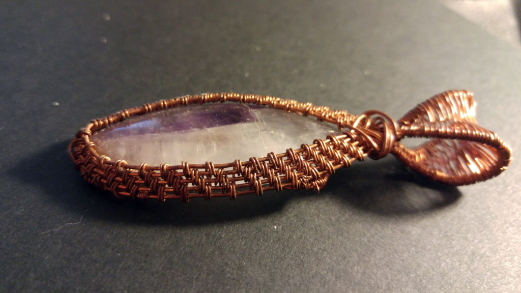 Front Side view of Amethyst Cabochon and Copper Wire Wrapped Pendant